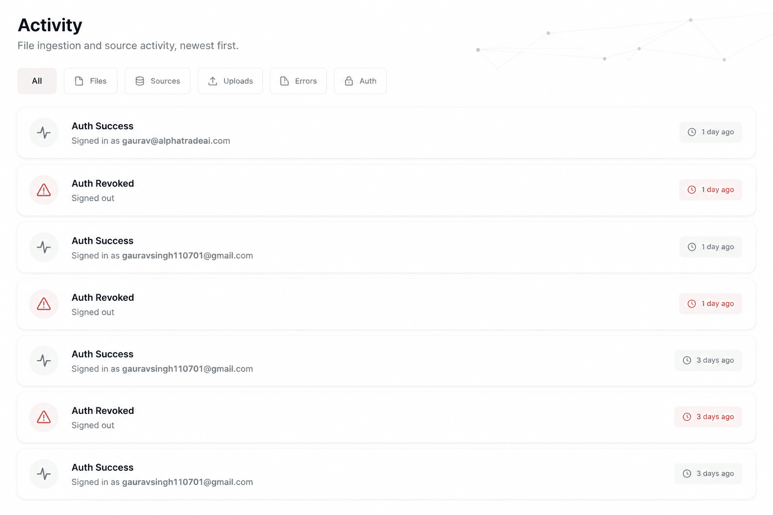 OctaMem Injection activity log showing file ingestion and source activity with auth events, newest first.