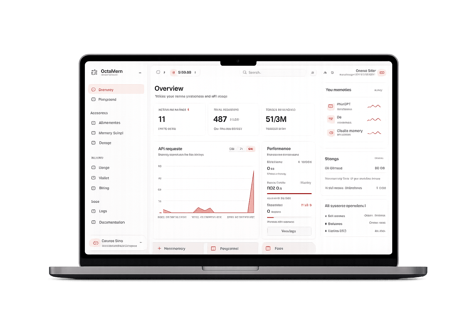 The OctaMem desktop app for macOS, showing the Overview dashboard with active memories, API requests, and system status.