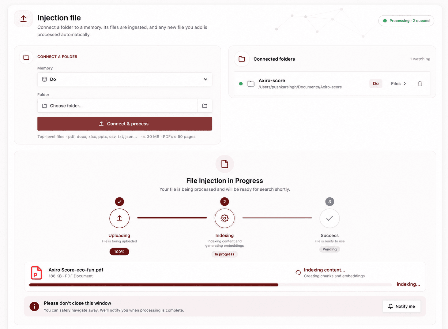 OctaMem Injection file screen: connect a folder to a memory, connected folders, and a live file-injection progress tracker.