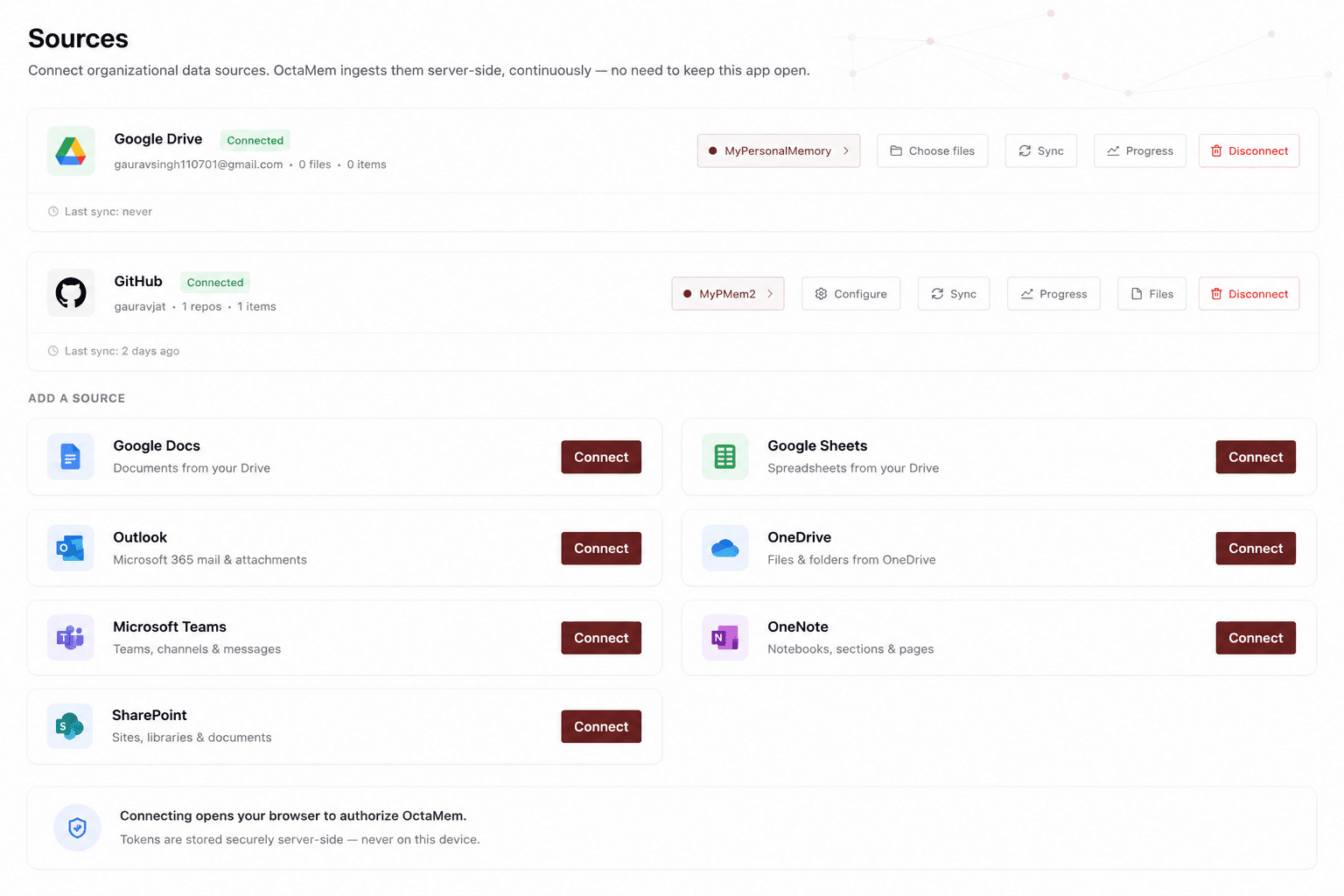 OctaMem Injection sources screen showing connected Google Drive and GitHub plus connectors for Google Docs, Outlook, OneDrive, Teams, SharePoint, and OneNote.