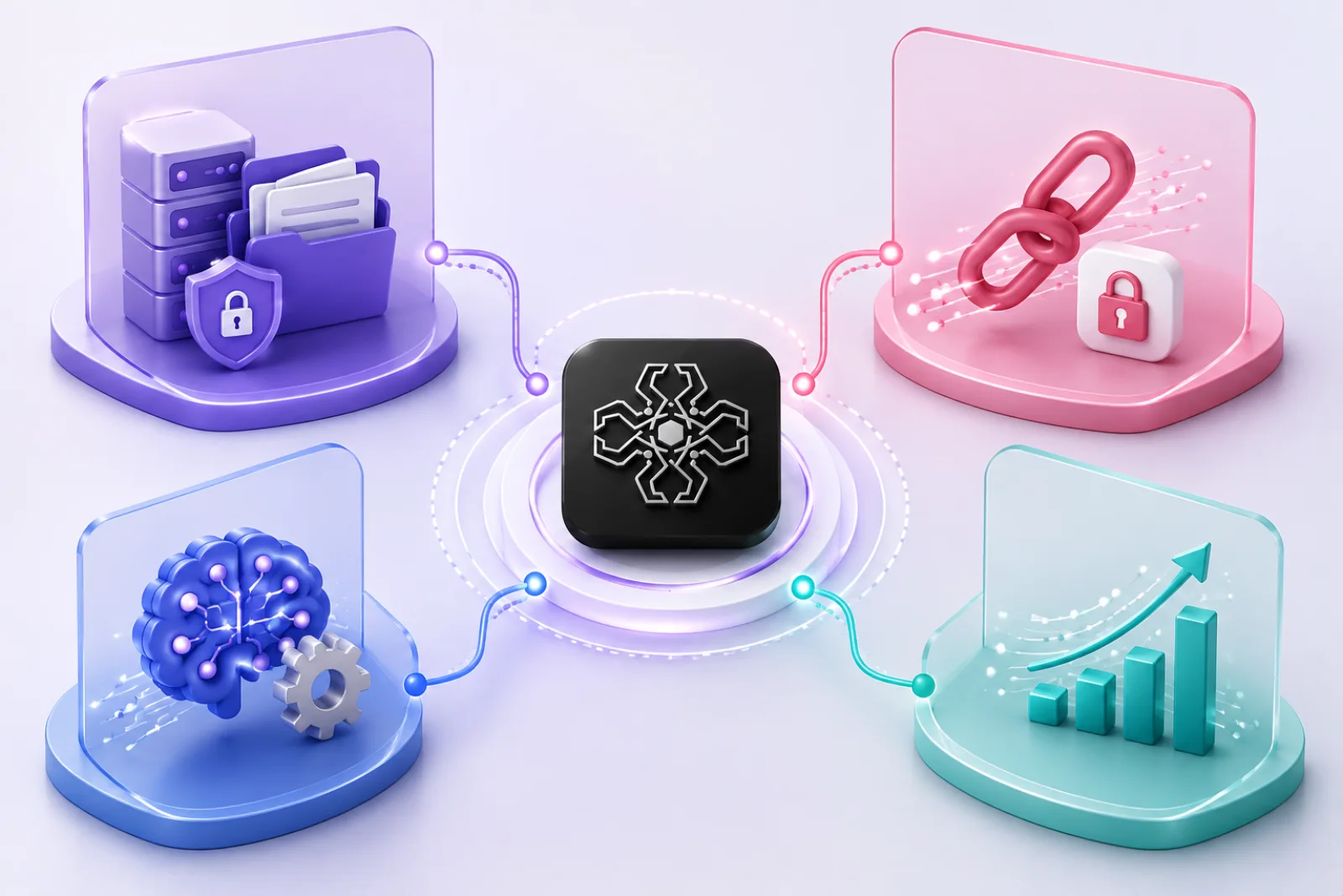 Four panels around the OctaMem mark: secured document storage, linked records under lock, reasoning over the matter, and improving outcomes — memory that respects client and matter boundaries.