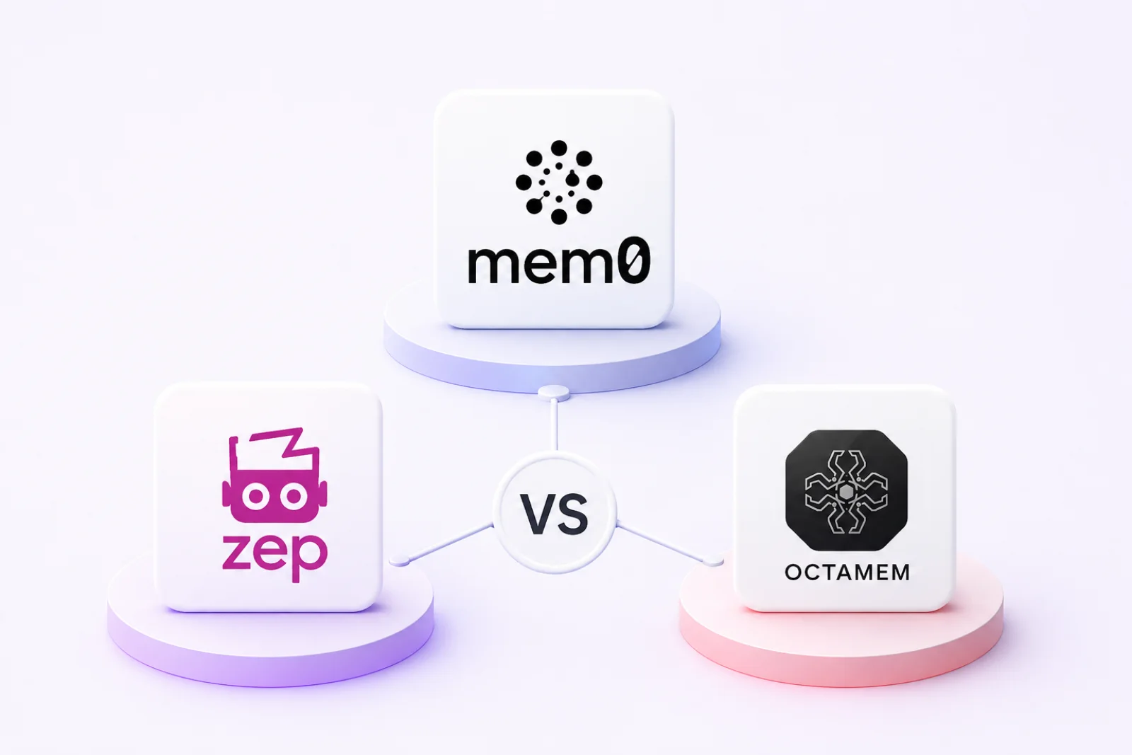 The Mem0, Zep, and OctaMem logos on three pedestals around a central VS marker, illustrating a comparison of the three AI agent memory layers.