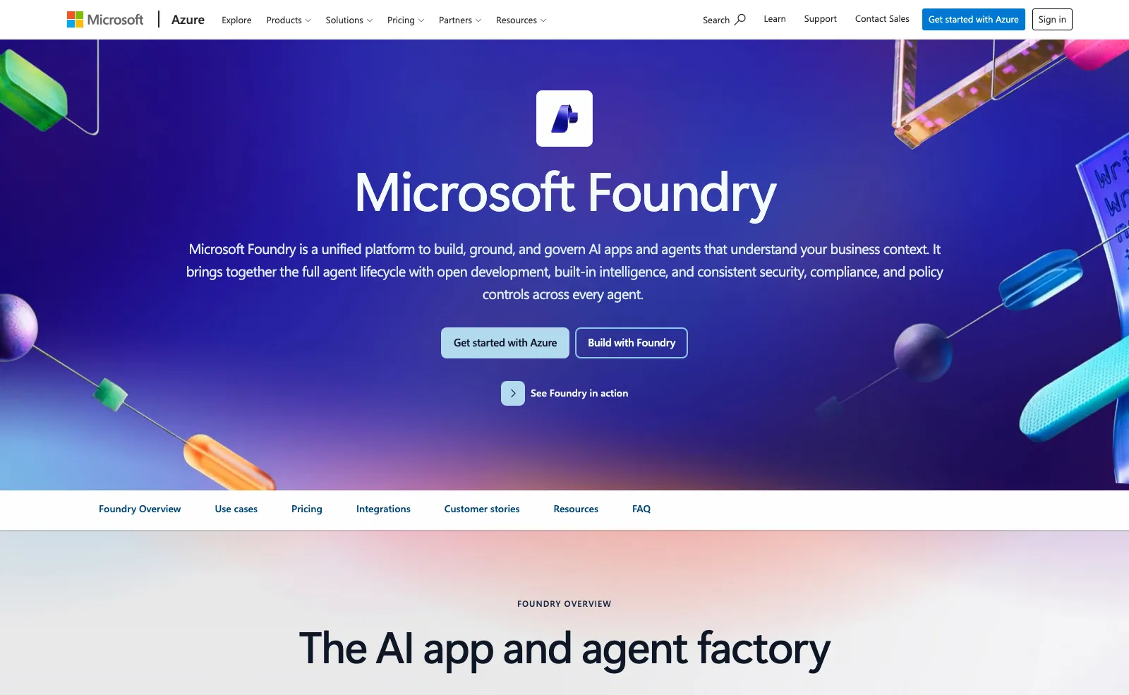 The Microsoft Foundry product page, describing a unified platform for app development with agents, models and tools.