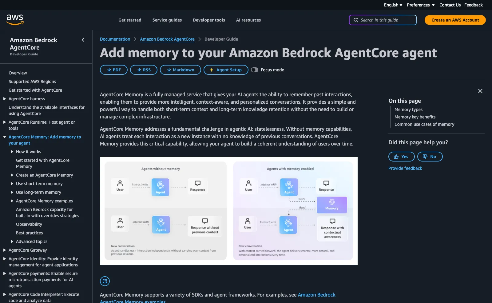 AWS documentation page for adding memory to a Bedrock AgentCore agent, with a diagram contrasting agents without memory and agents with memory enabled.