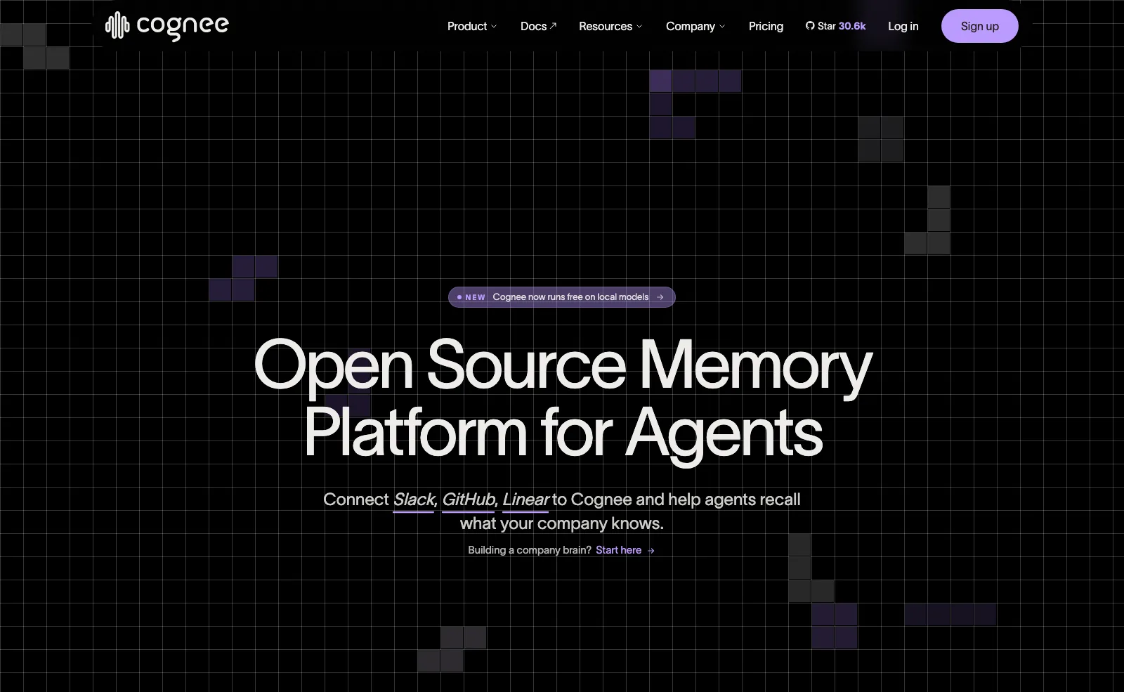 The Cognee homepage, headlined "Open Source Memory Platform for Agents", offering Slack, GitHub and Linear connections.