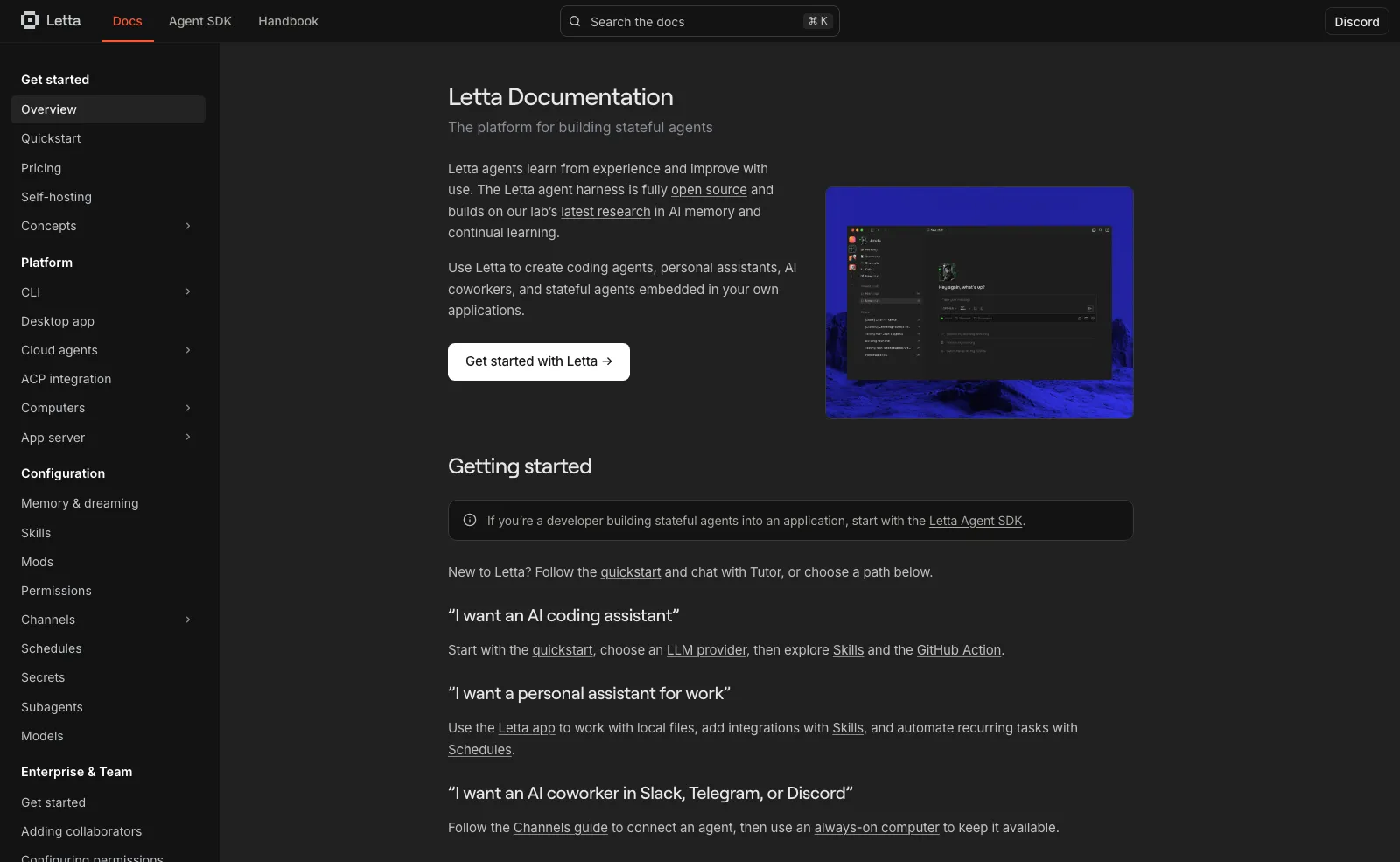 The Letta documentation homepage, describing the platform for building stateful agents that learn from experience.