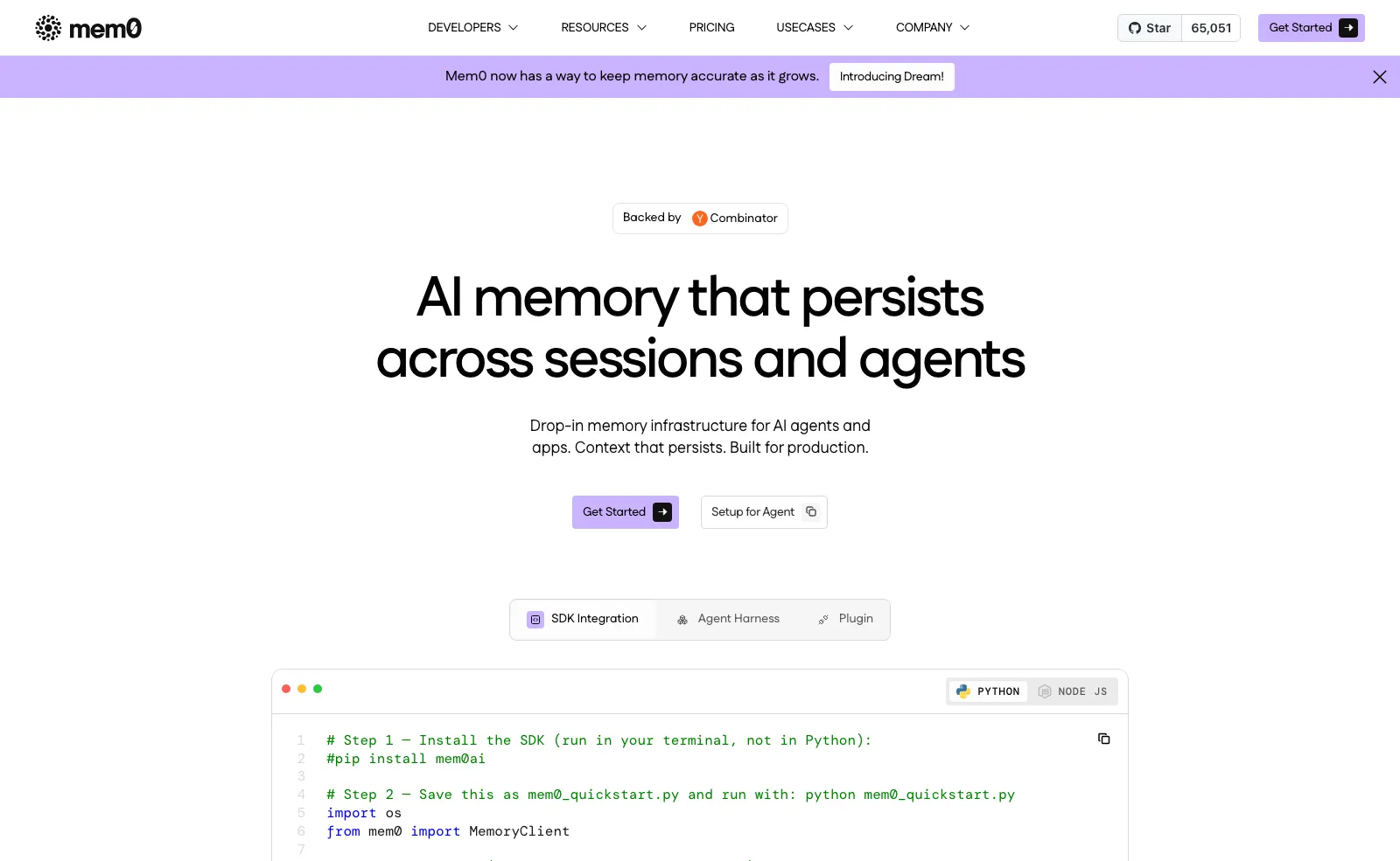 The Mem0 homepage, headlined "AI memory that persists across sessions and agents", with a Python quickstart showing MemoryClient.