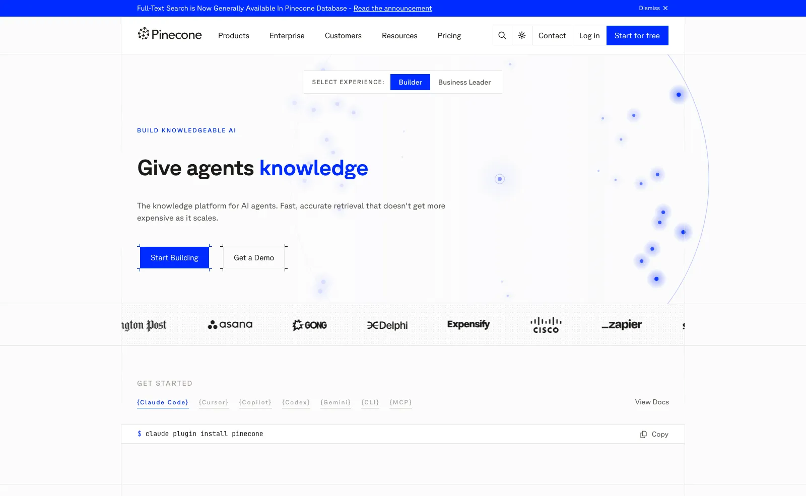 The Pinecone homepage, headlined "Give agents knowledge", describing a knowledge platform for AI agents.