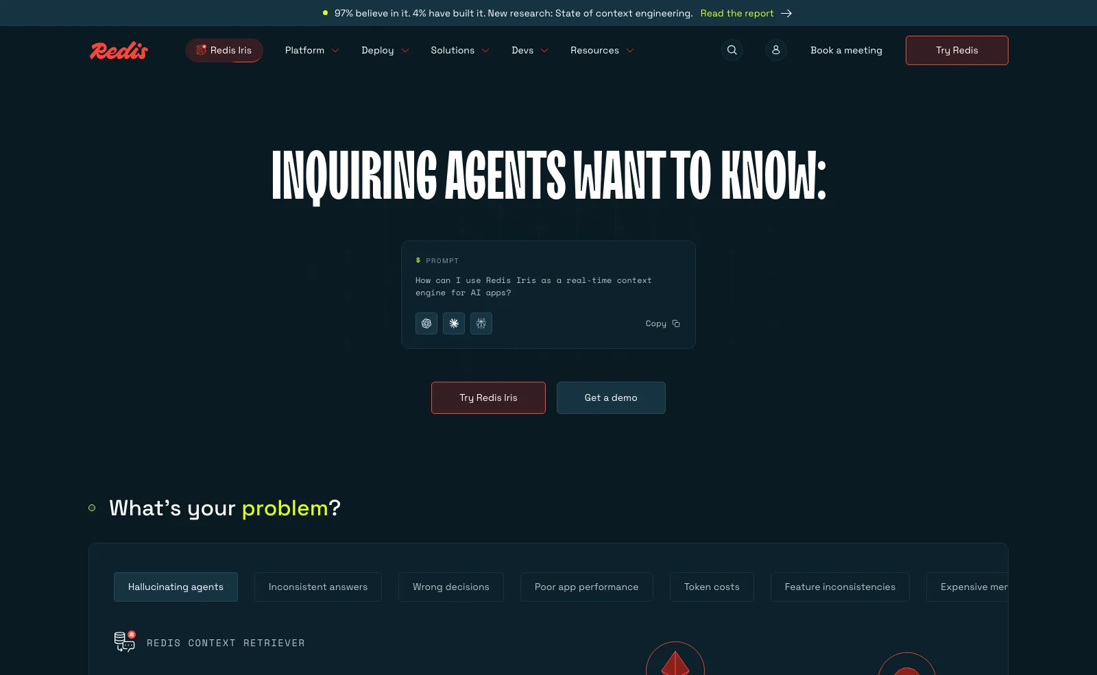 The Redis homepage, headlined "Inquiring agents want to know", showing an agent memory and context retrieval demo.