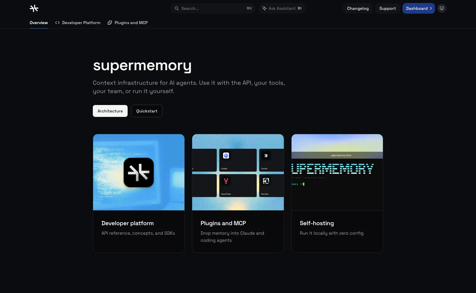 The Supermemory documentation homepage, describing context infrastructure for AI agents with developer platform, plugins and MCP, and self-hosting sections.