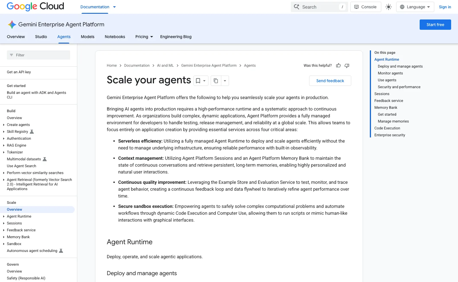 Google Cloud documentation for the Gemini Enterprise Agent Platform, listing Agent Runtime, Sessions, Memory Bank and Code Execution.
