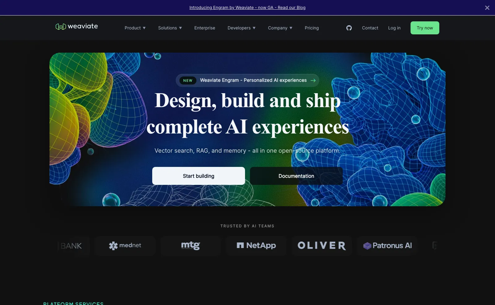 The Weaviate homepage, headlined "Design, build and ship complete AI experiences", covering vector search, RAG and memory.