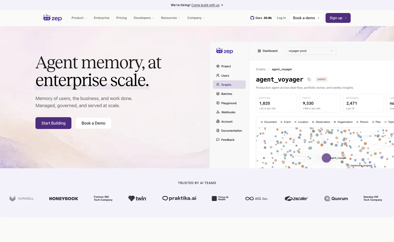 The Zep homepage, headlined "Agent memory, at enterprise scale", showing a memory graph visualisation in the product dashboard.