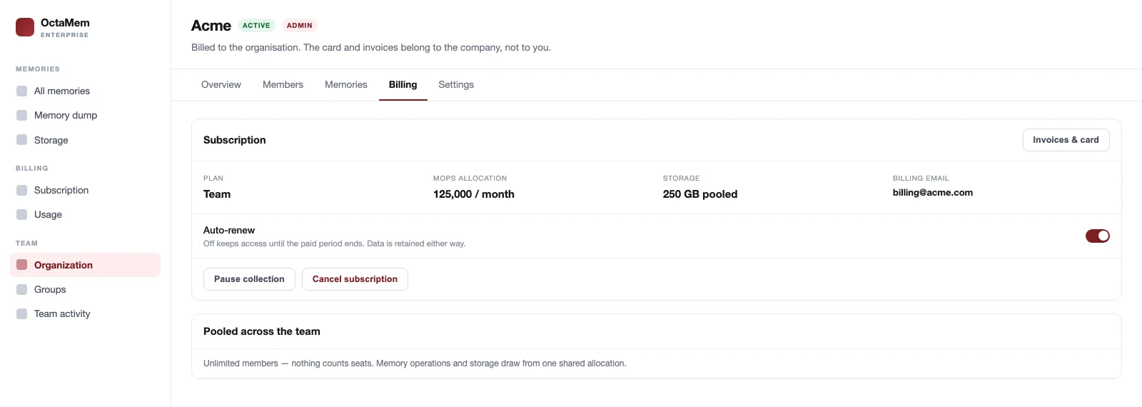 The organisation billing tab showing the current plan, pooled memory operations allocation, pooled storage, billing email, and controls for auto-renew, pause and cancel.