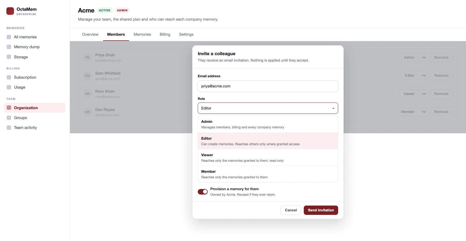The invite dialog in the OctaMem organisation console, showing the email field, a role selector with Admin, Editor, Viewer and Member, and the option to provision a memory for the invitee.