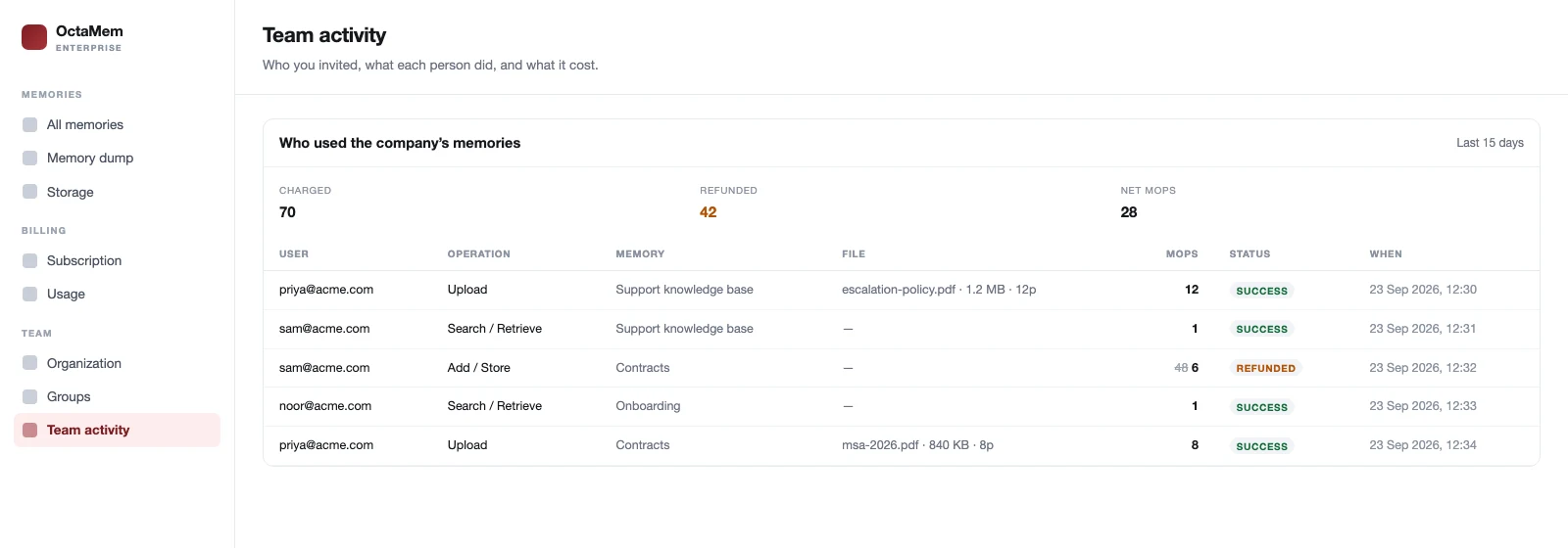 The Team activity view showing a table of operations with columns for user, operation type, memory, file, memory operations charged, status and timestamp, plus per-user totals above it.