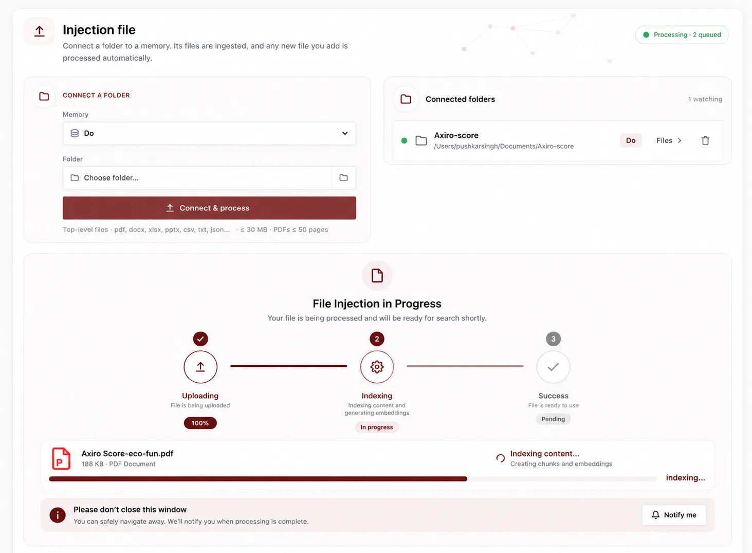 OctaMem Ingestion file screen: connect a folder to a memory, connected folders, and a live file-ingestion progress tracker.